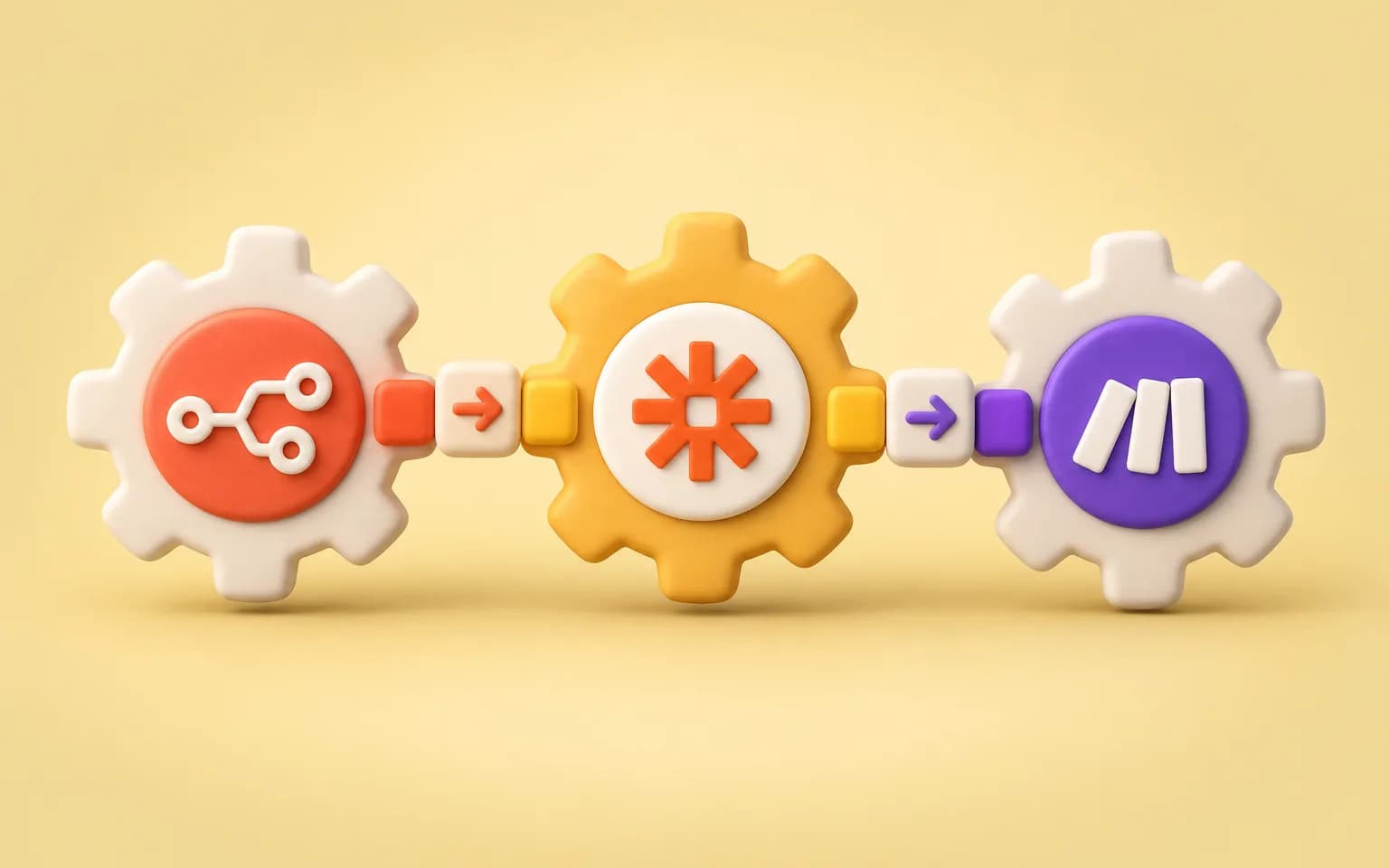 Clay illustration of three connected gears linked by a pipeline of small cubes
