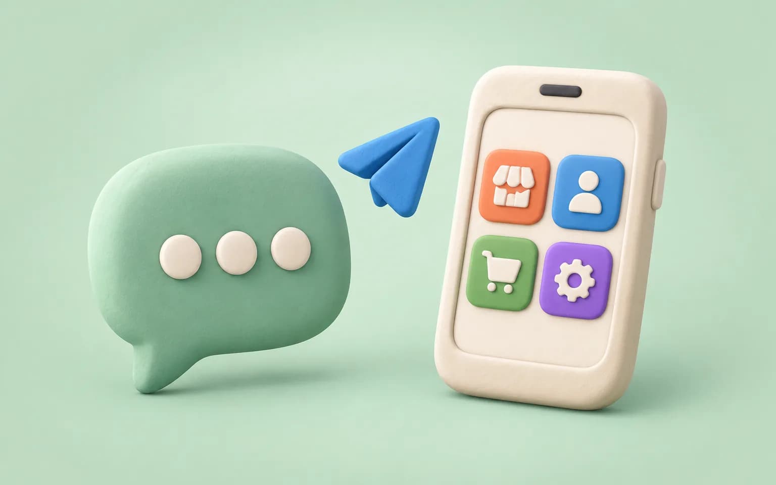 Clay illustration of a phone showing a Telegram storefront beside a chat bubble