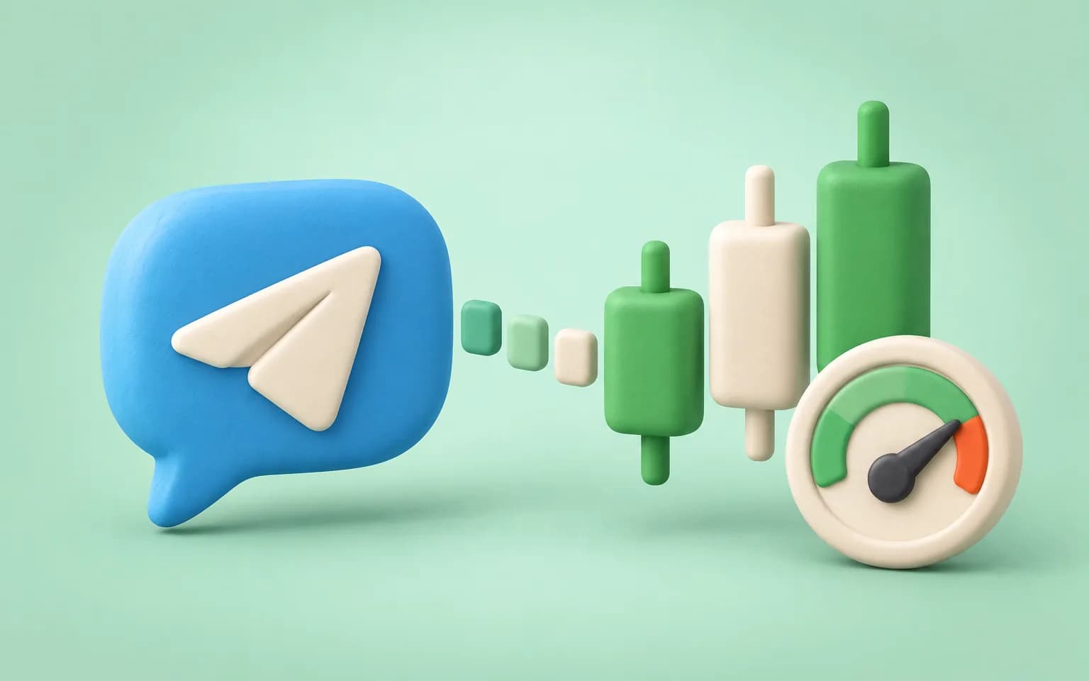 Clay illustration of a chat bubble turning into a candlestick chart with a gauge