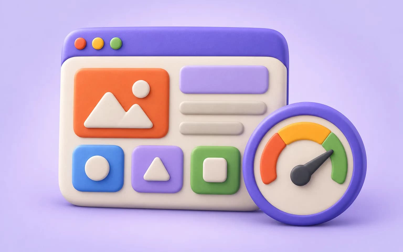 Clay illustration of a browser window with a speed gauge and a WordPress-style block layout