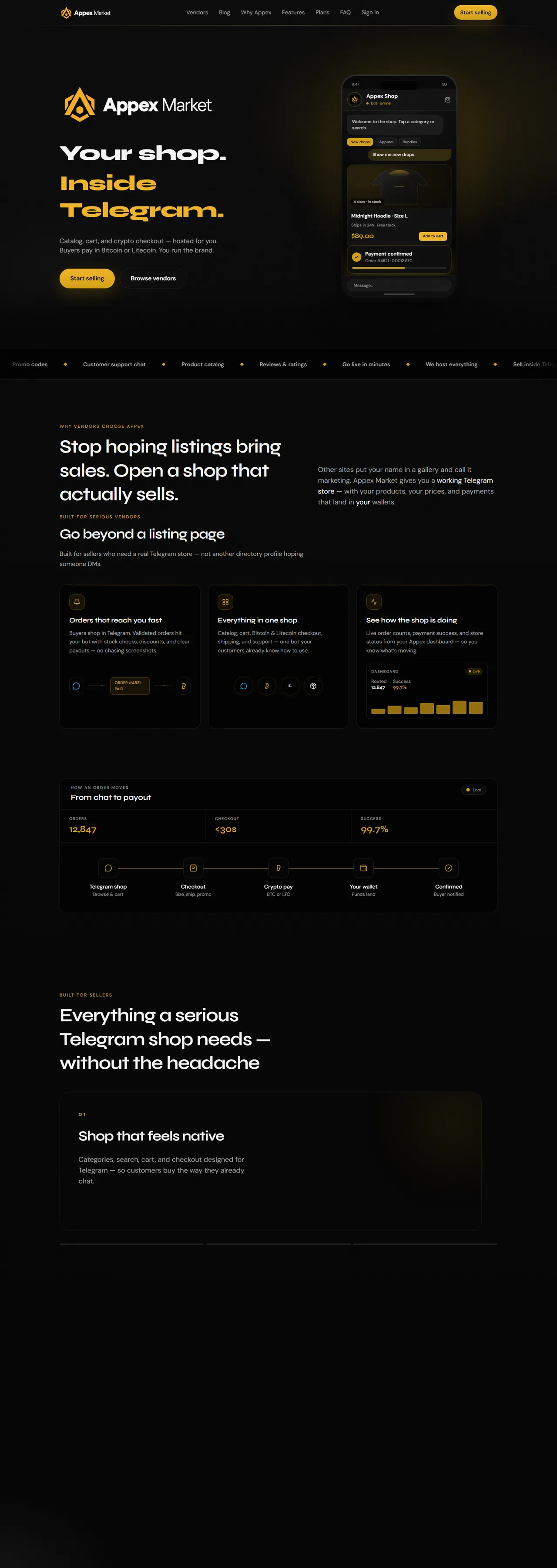 Appex Market website, scrolling preview