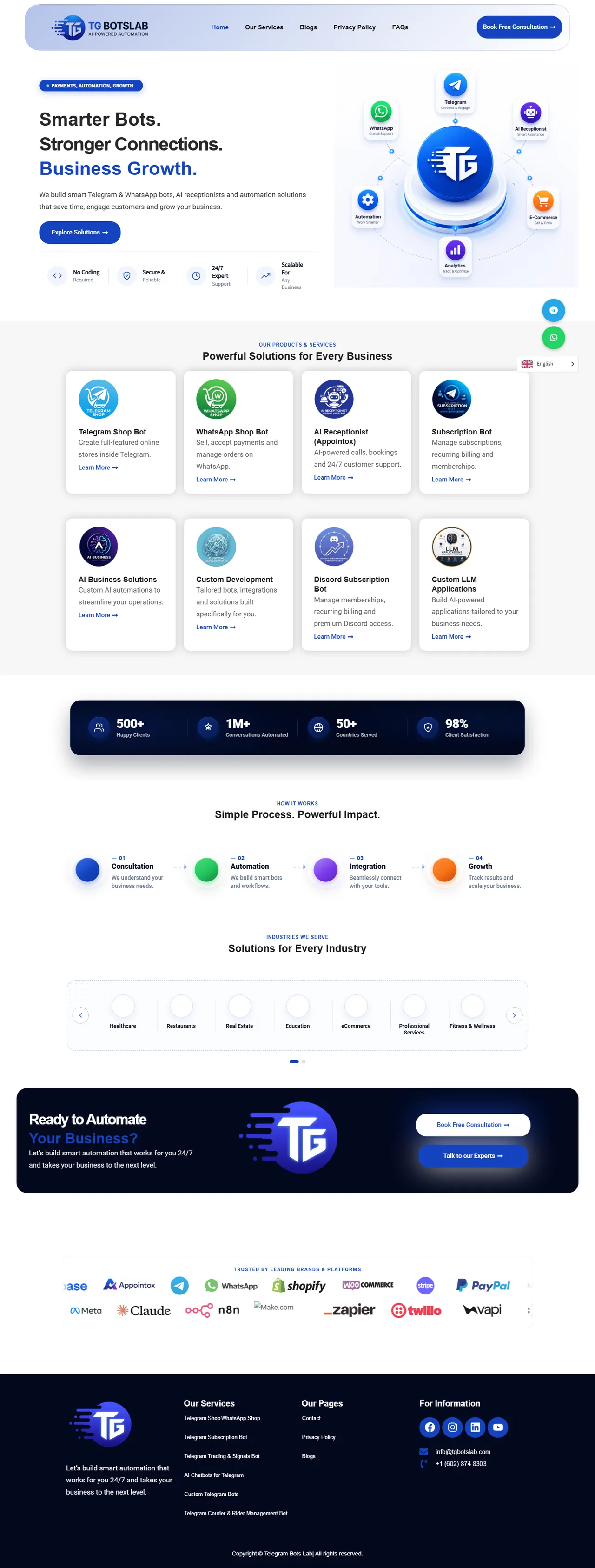TG Bots Lab website, scrolling preview