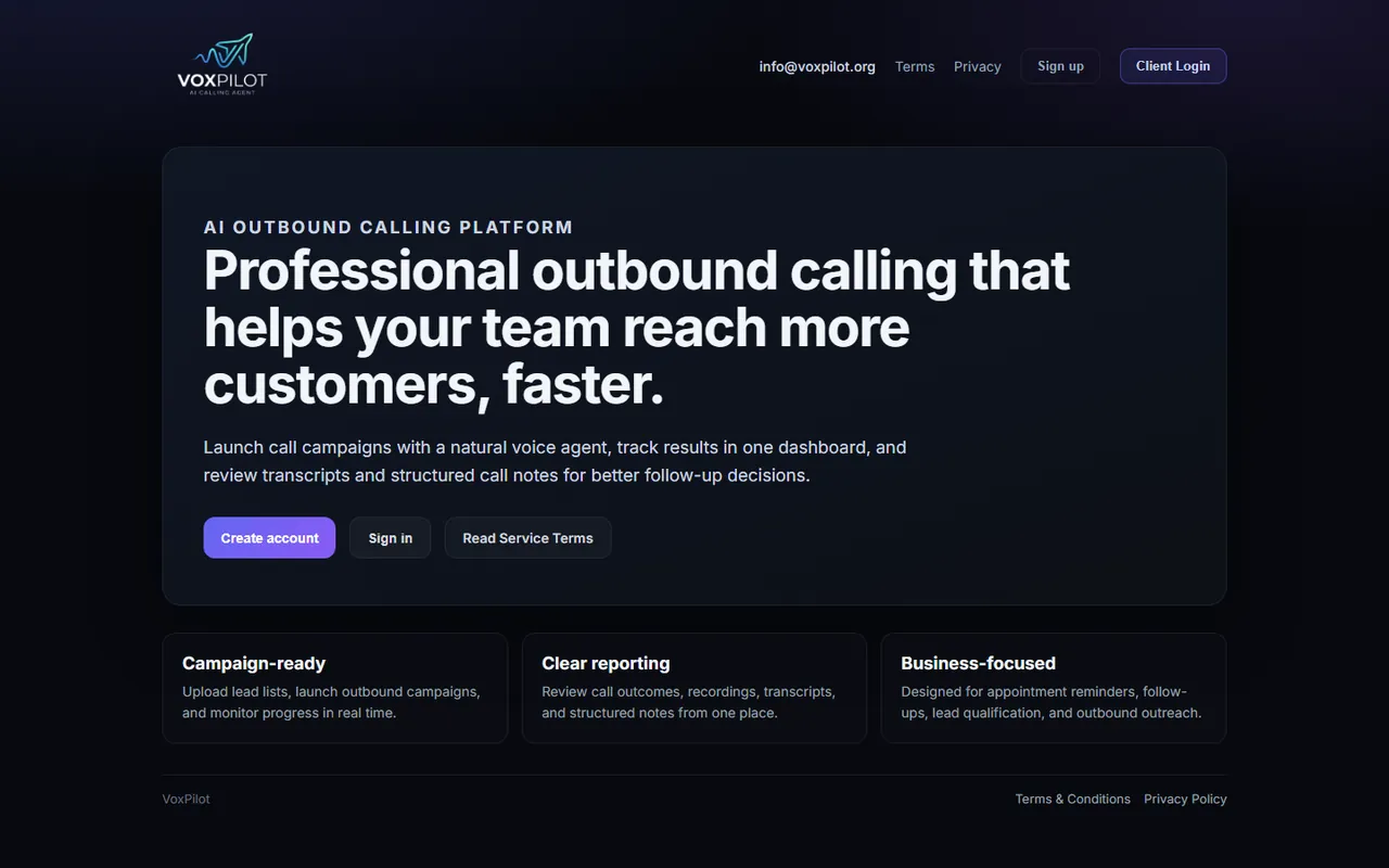 VoxPilot website, scrolling preview